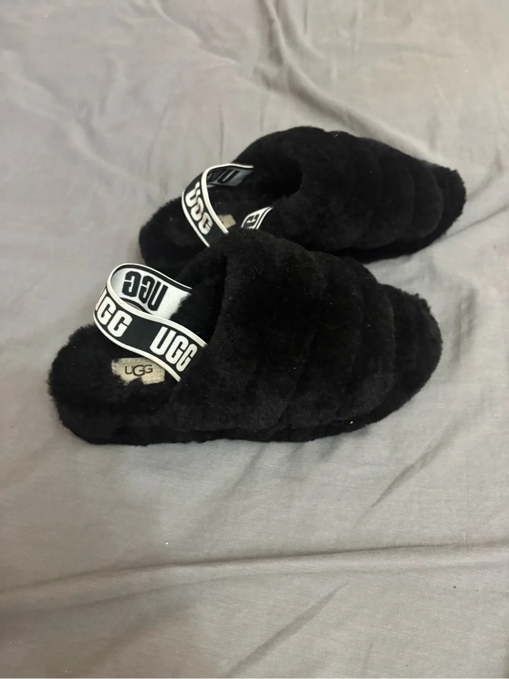 UGG Kids Black Plush Slide Slippers with Branded Heel Strap
